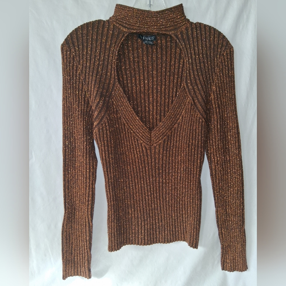 Vintage VENUS Silk Blend Shimmering Rust Brown V-Neck Sweater